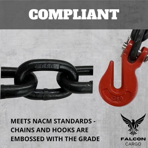 Close-up of compliant Grade 80 chain and red clevis grab hook from Quarter Inch By Ten Foot Transport Binder Chain.