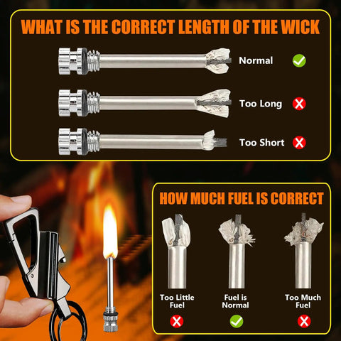Infinity Permanent Match Lighter With Multitool Keychain Bottle Opener insight on wick and fuel length for outdoor survival