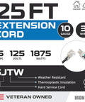 Lighted 25 Ft Outdoor Extension Cord Heavy Duty 10/3 SJTW Black Cable with specs including 15 Amp, 125V, and 3-Prong Plug details