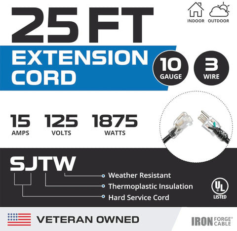 Lighted 25 Ft Outdoor Extension Cord Heavy Duty 10/3 SJTW Black Cable with specs including 15 Amp, 125V, and 3-Prong Plug details