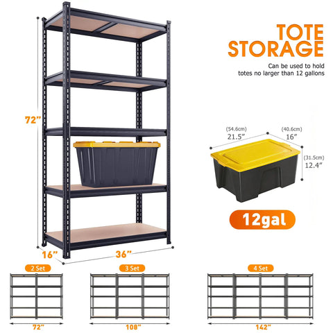 Heavy Duty Garage Shelving 5 Tier Metal Storage Unit 2400 Lbs Capacity Adjustable Shelves 72x36x16 Inch with tote