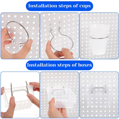 Installation steps of cups and boxes on 20 Piece Pegboard Organizer Set With Bins Cups Hooks And Loops For Garage Workshop Workbench And Office Pro Grade Clear Pegboard Storage System To Keep Tools Small Parts And Accessories Neat And Easy To Grab