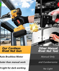 Comparison of 2-In-1 Cordless Brushless Rivet Nut Tool Kit with manual rivet nut tool showing auto vs manual modes.