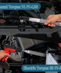 One Half Inch Offset Impact Wrench Extension Kit For Tight Spaces being used on a car engine with manual and electric torque readings
