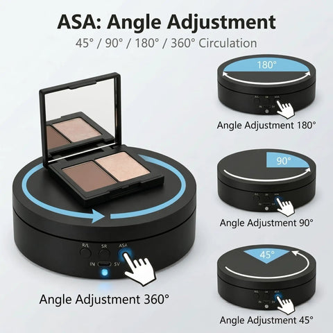 Top Notch Motorized Rotating Display Stand With 360 Degree Electric Photography Turntable showcasing angle adjustments and makeup compact.