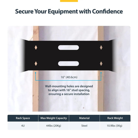 Heavy Duty 4U Wall Mount Network Rack Featuring No Sweat Assembly For Shallow Servers Switches And Patch Panels With Clean Cable Clearance and Rock Solid 44 Pound Hold in Matte Black, showing wall-mounting bracket with stud alignment.