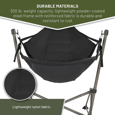 Portable Hammock Camping Chair with Stand, heavy duty frame, nylon fabric, supports 300 lbs, weather resistant, outdoor use