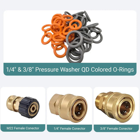 60 Pack Pro Grade Pressure Washer O Ring Set With 30 Orange One Quarter Inch And 30 Grey Three Eighths Inch Quick Connect Seals For M22 Fittings Fits Garden Hose Nozzle And Power Washer Accessories