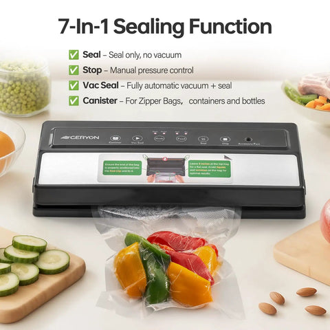 Must Have Vacuum Sealer For Dry And Moist Food, Compact Kitchen Gadget with LED controls, sealing colorful bell peppers