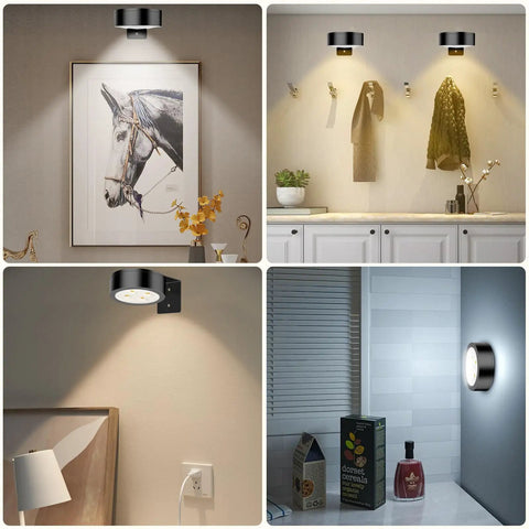 Must Have Picture Lights For Wall Magnetic Art Display Light Battery Operated LED Painting Light With Remote Control Dimmable And Timer 3 Pack Black Three Lighting Modes For Gallery Wall shown in various settings.