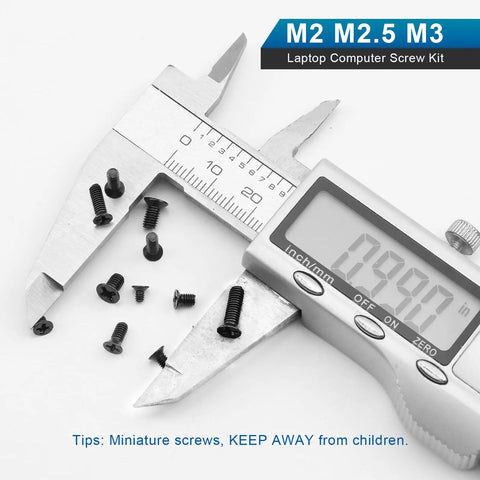 Caliper measuring screws from Laptop Screw Kit 450 Pcs M2 M2.5 M3 Countersunk Flat Head Phillips Mini Heavy Duty Screws Set.