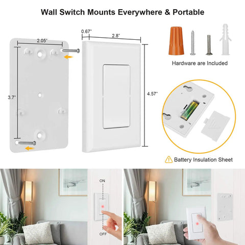 Wireless Remote Light Switch Kit With 100 Ft RF Range No Wiring No WiFi Needed, showing installation and use.