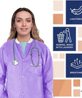 Person wearing Purple Medium Disposable Lab Jackets Crafted In Lightweight SMS 50 GSM 30 Inch Hip Length With Snap Front Knit Cuffs