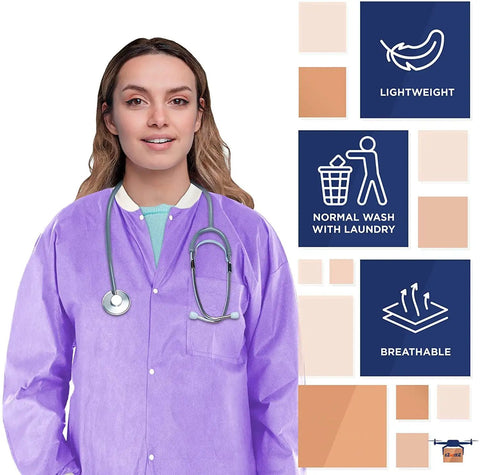 Person wearing Purple Medium Disposable Lab Jackets Crafted In Lightweight SMS 50 GSM 30 Inch Hip Length With Snap Front Knit Cuffs
