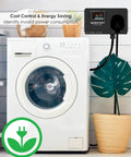 Heavy Duty 50A AC Power Meter With Nema 14 50P To 14 50R Outlet Monitor plugged into a washing machine for energy monitoring.