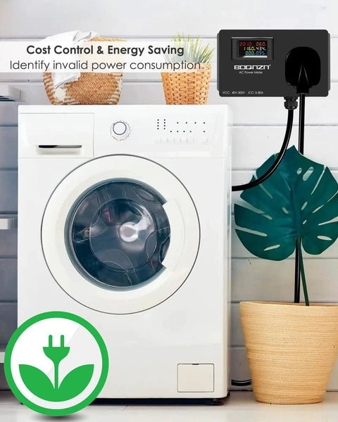 Heavy Duty 50A AC Power Meter With Nema 14 50P To 14 50R Outlet Monitor plugged into a washing machine for energy monitoring.