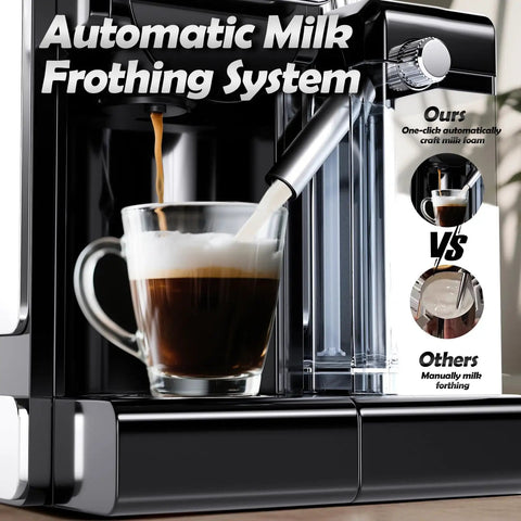 Game Changing Espresso Machine With Automatic Milk Frother And Capsule Coffee Maker, delivering coffee and milk foam.