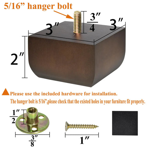 5/16" hanger bolt on 2 inch square dark brown wood leg with mounting hardware for furniture upgrade, included rubber pad.