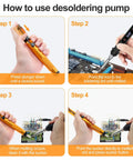 How to use desoldering pump with 80W Soldering Gun Kit With LED Display Pro Grade Adjustable Temp From 356 To 968 F 180 To 520 C 15 Second Heat Up Energy Saving On Off Switch Includes 5 Tips Desoldering Pump Stand Tweezers And Solder Wire For Electronics Repair