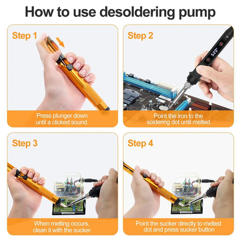 How to use desoldering pump with 80W Soldering Gun Kit With LED Display Pro Grade Adjustable Temp From 356 To 968 F 180 To 520 C 15 Second Heat Up Energy Saving On Off Switch Includes 5 Tips Desoldering Pump Stand Tweezers And Solder Wire For Electronics Repair