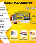 R Line Version 5.0 6S LiPo Battery Pack 22.2V 150C 1200mAh with XT60 plug diagram showing dimensions and specifications