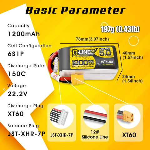 R Line Version 5.0 6S LiPo Battery Pack 22.2V 150C 1200mAh with XT60 plug diagram showing dimensions and specifications