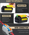 Installation steps for Power Wheel Adapter For Dewalt 20V Lithium Battery And Peg-Perego Riding Toys DC Converter shown.