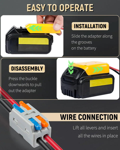 Installation steps for Power Wheel Adapter For Dewalt 20V Lithium Battery And Peg-Perego Riding Toys DC Converter shown.