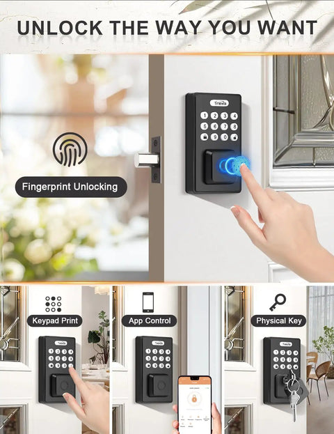 Keyless Entry Door Lock With Handles Electronic Keypad Deadbolt For Front Door Auto Locking Anti Peeping Password Digital Smart Code Lock Matte Black Front Door Handle Set with fingerprint unlock and app control features.