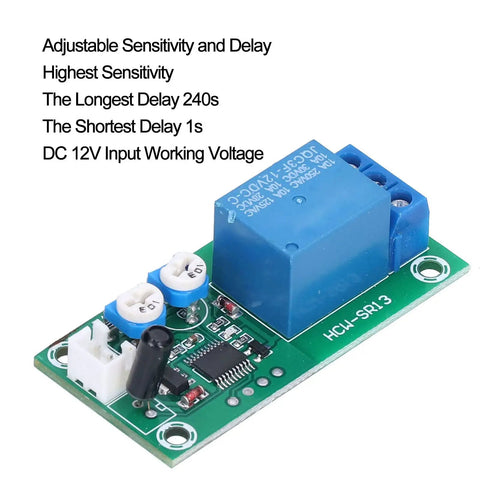 DC 12V Vibration Sensor Module With Adjustable Sensitivity And Time Delay Switch For DIY Alarm Systems Dope High Sensitivity Vibration Alarm Low Standby Current Under 1mA Fast 1s To 240s Delay Easy Direct Wiring Interface, green PCB