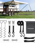 RV Awning Tie Down Kit With Shock Absorbing Springs And 13ft Ratchet Straps set displayed with camper and anchoring tools