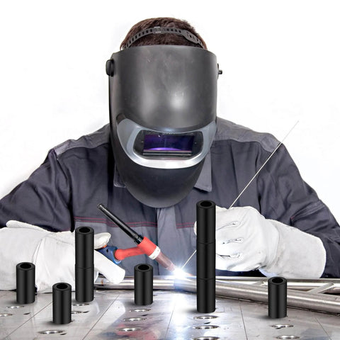 Welder using Two Inch Welding Table Fixture Pins Set, Twenty Pcs, Top Diameter One Inch, Bottom Diameter Five Eighths Inch, Stop Alignment Square Mount