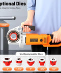 Pxolerig 2300W Electric Pipe Threader Machine with Six Heavy Duty Dies and Sturdy Storage Case held by hand.