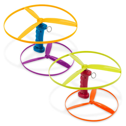 Skyrocopter Flying Disc Toy Set With Two Launchers And Four Discs For Outdoor Play, colorful plastic launchers and discs for kids.