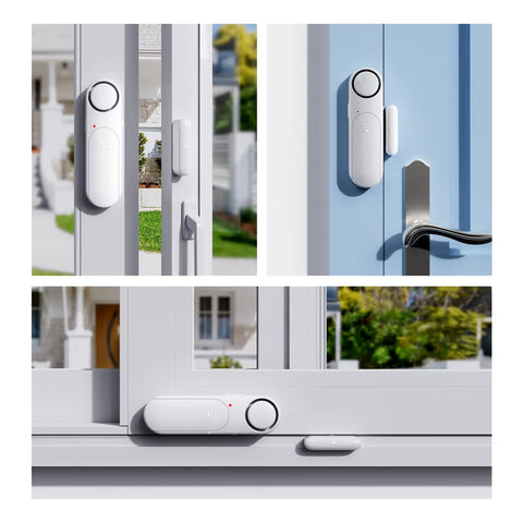 Two Pack Window And Door Alarm Kit With Remote For Home Safety And Dementia Care installed on doors and windows, illustrating use.