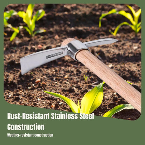 Stainless Steel Garden Pickaxe Handheld Mattock in soil, rust-resistant construction with wooden handle for gardening