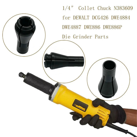N383609 1/4 Inch Collet Chuck for Die Grinders with grinder and chuck parts displayed; fits DCG426B, DWE4887 types