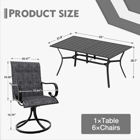 Dimensions of 7 Piece Outdoor Dining Set With 6 Swivel Rocker Chairs High Back Textilene And Rectangular Metal Table