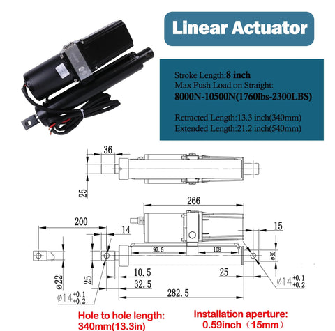 JEENDA 12V electric linear actuator, 8-inch stroke, black housing with attached wiring.