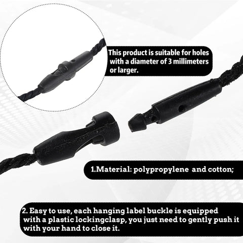 Hella Sturdy Black Cotton Hang Tag Strings With Quick Click Snap Lock Pins 200 Pack, close-up of locking clasp detail for easy attachment.