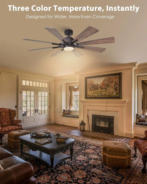 60 Inch Farmhouse Ceiling Fan With Light In Black Remote Control, Beast Airflow With Whisper Quiet DC Motor, Up To 6300 CFM, Energy Saving Up To 75 Percent, Perfect For Living Room, Bedroom, Or Covered Patio in black over a living room