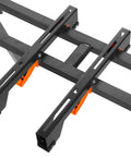 Close-up of Hella Solid Collapsible Miter Saw Stand supports 350 lb, showcasing universal fit and lock mechanisms.