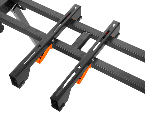 Close-up of Hella Solid Collapsible Miter Saw Stand supports 350 lb, showcasing universal fit and lock mechanisms.