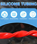 Silicone Tubing 12mm ID X 15.9mm OD High Temp Hose 3.3 Ft Red; infographic on flexibility and durability features.
