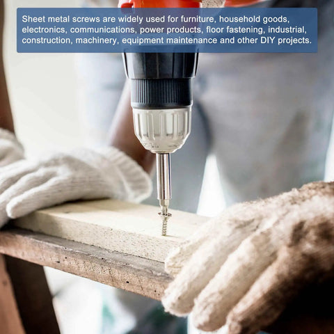 Person using a drill for sheet metal screws on wood with gloved hands, illustrating DIY use for various projects.