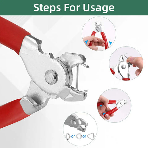 Usage steps for tool with 1000 Pieces Three Quarters Inch Galvanized Hog Rings For Upholstery, Auto, and DIY projects.