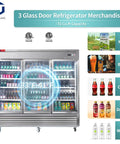Heavy Duty Commercial Reach In Fridge With Three Tempered Glass Doors Solid Stainless Steel Kitchen Workhorse Real Deal Cold Display Cooler Designed For Busy Bars And Convenience Stores 82 Inches Wide with drinks and beverages.