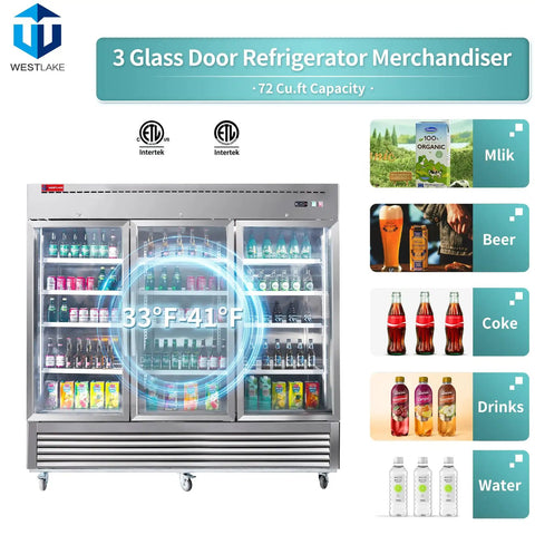 Heavy Duty Commercial Reach In Fridge With Three Tempered Glass Doors Solid Stainless Steel Kitchen Workhorse Real Deal Cold Display Cooler Designed For Busy Bars And Convenience Stores 82 Inches Wide with drinks and beverages.