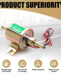 Heavy Duty 12V Low Pressure Fuel Supply Pump For Cars And Motorcycles Plunger Transfer Unit showing gold finish and copper wiring.