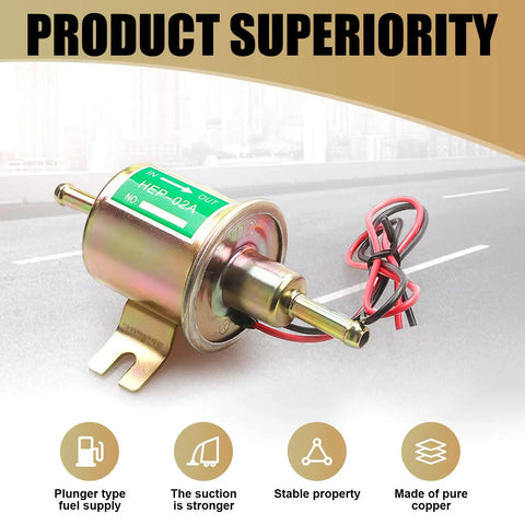 Heavy Duty 12V Low Pressure Fuel Supply Pump For Cars And Motorcycles Plunger Transfer Unit showing gold finish and copper wiring.